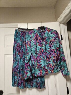 Parnes Feinstein Vintage 2pc Satin Skirt & Blazer Floral Multicolor 6 1980s